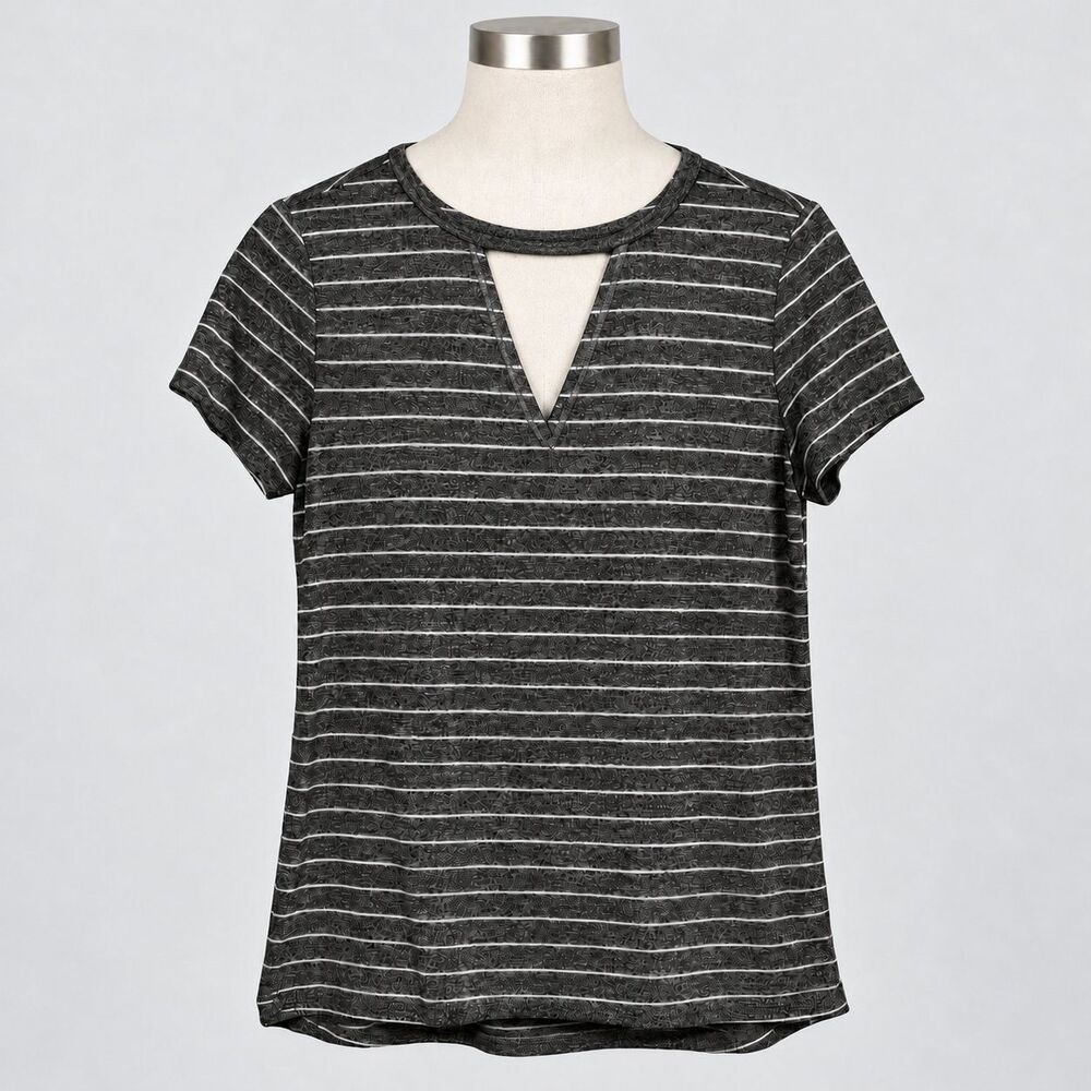 BKE Women's Cutout V-Neck Striped Short Sleeve Top Black Gray Size XS
